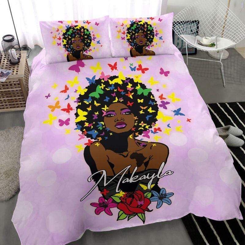 Personalized African American Black Girl Butterfly Afro Bedding Custom Name Duvet Cover Bedding Set