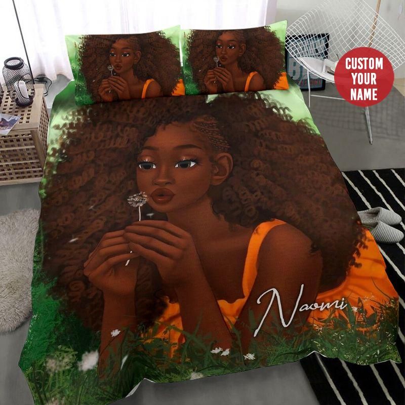 Personalized Black Girl On Grass African Custom Duvet Cover Bedding Set With Name
