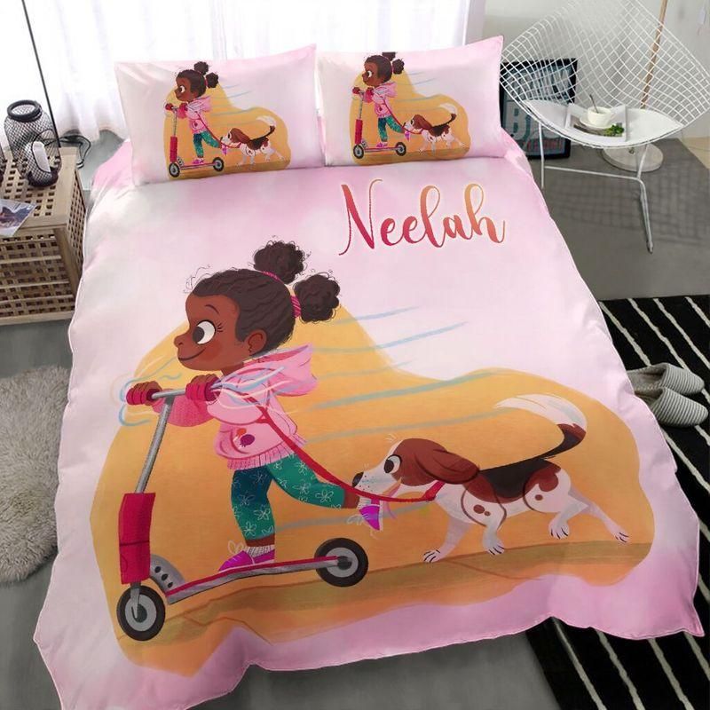 Personalized Scooter Black Girl With Lovely Kid Custom Name Duvet Cover Bedding Set