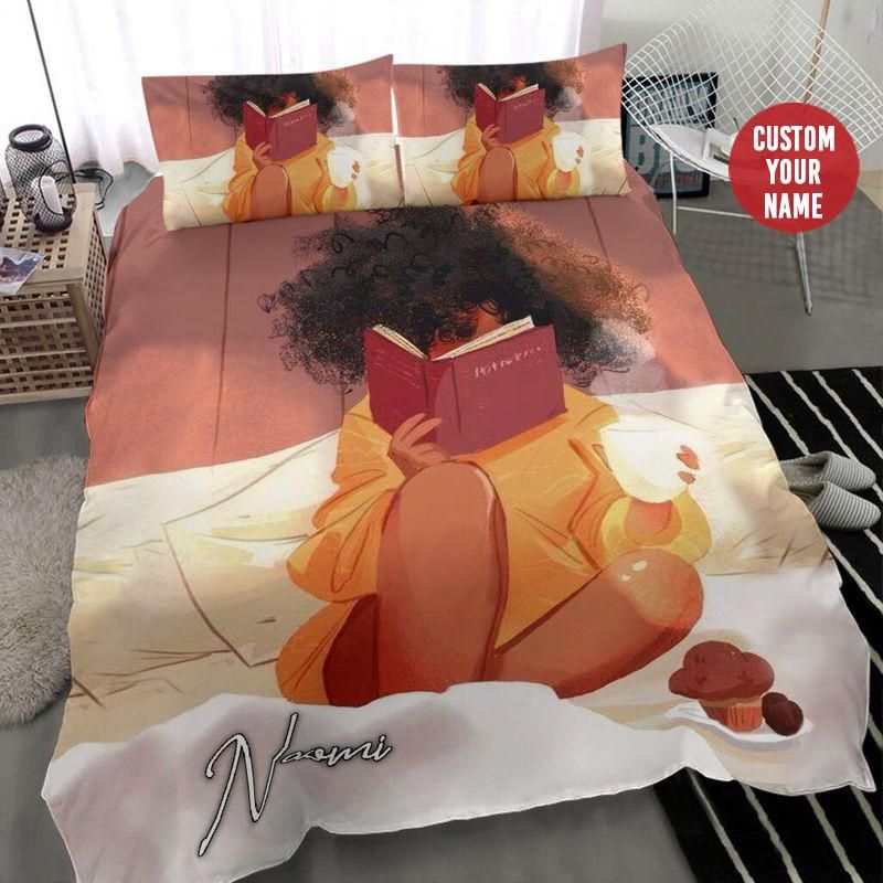 Personalized Black Girl Book Coffee Cupcake Custom Name Duvet Cover Bedding Set