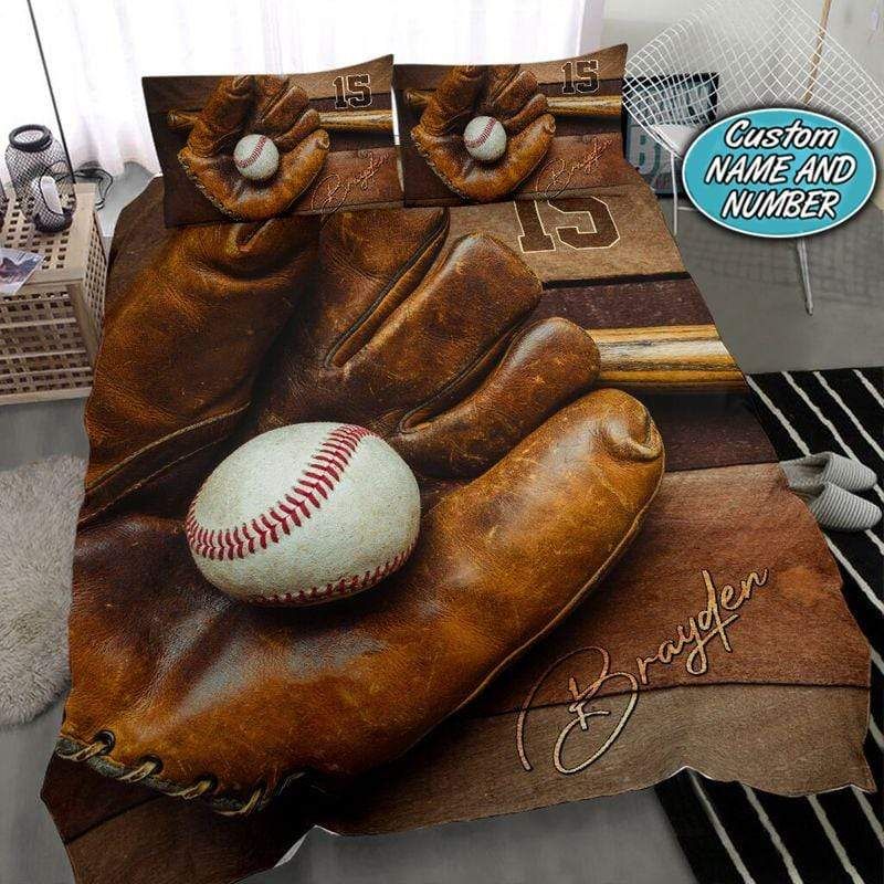Personalized Wooden Color Baseball Glove And Ball Custom Name Duvet Cover Bedding Set