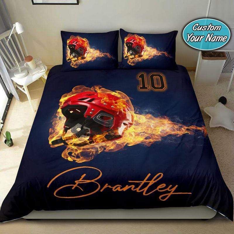 Personalized Burning Hockey Helmet Custom Duvet Cover Bedding Set With Your Name And Number