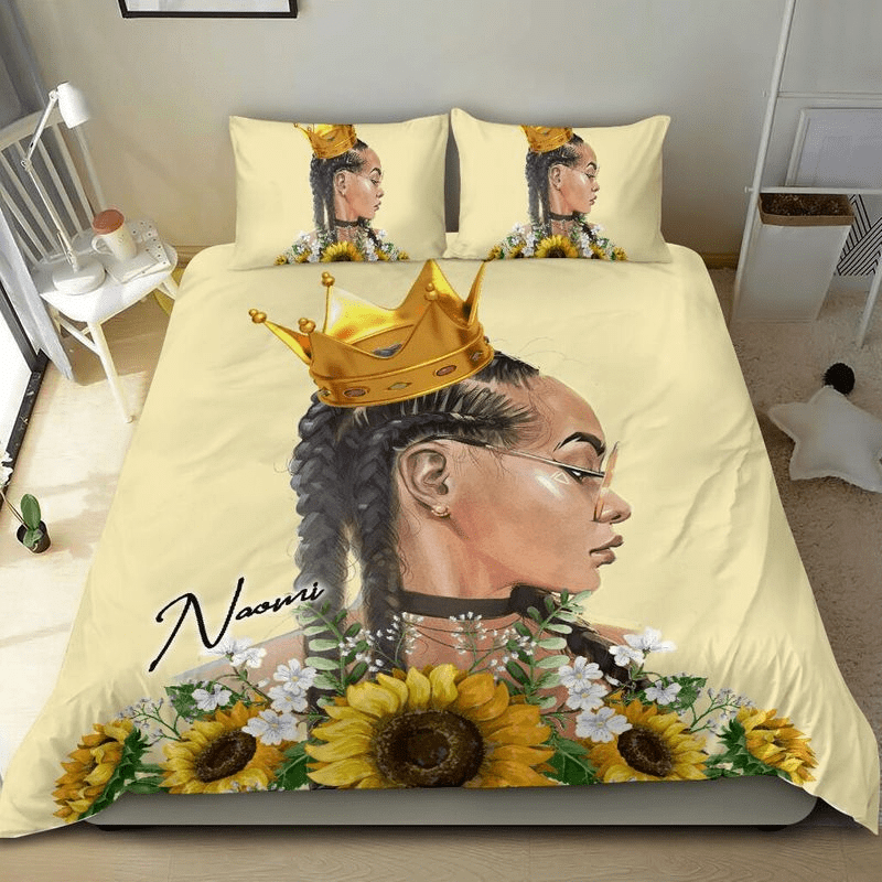Personalized Black Queen Sunflower Crown Gold Custom Name Duvet Cover Bedding Set