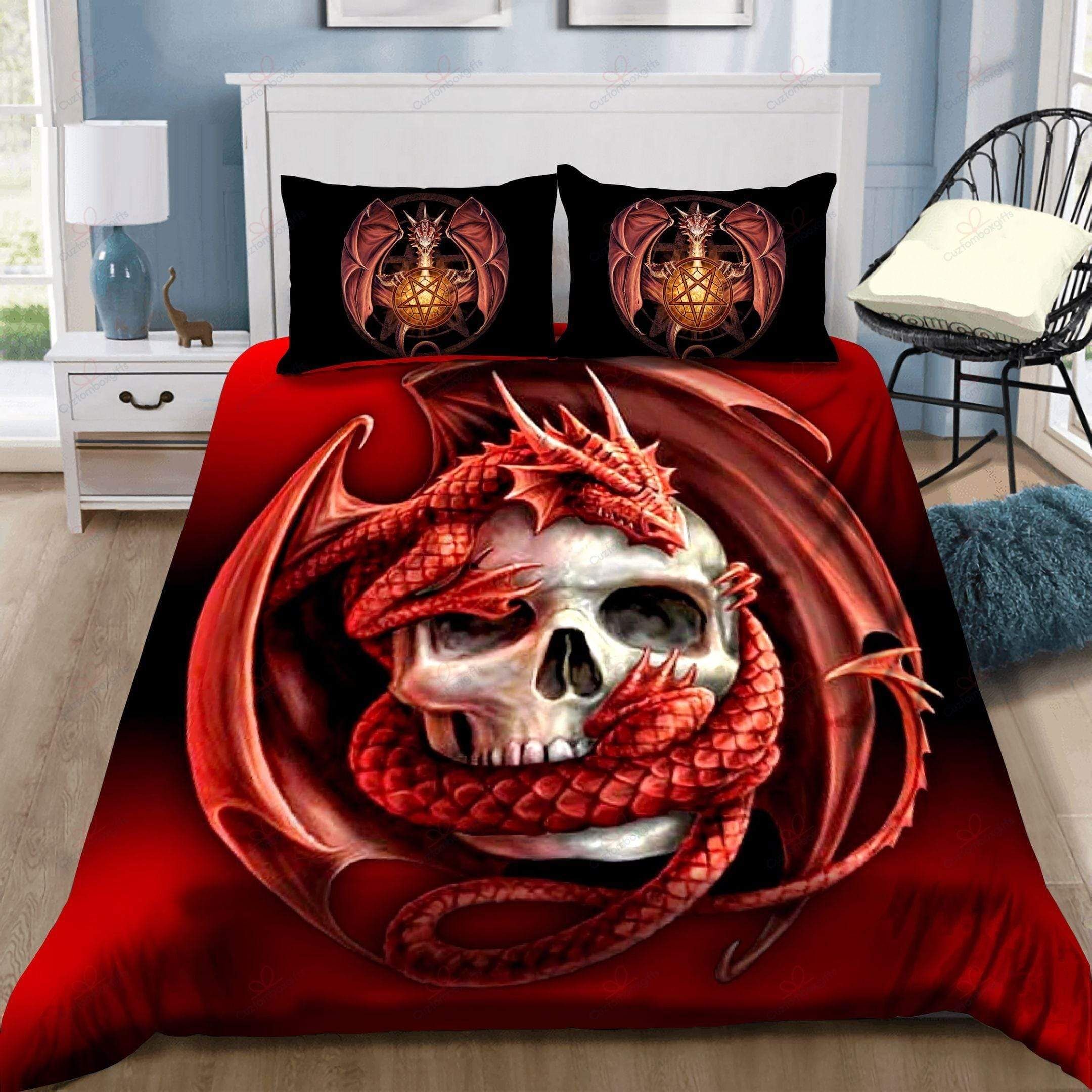 Red Dragon With Skull Duvet Cover Bedding Set