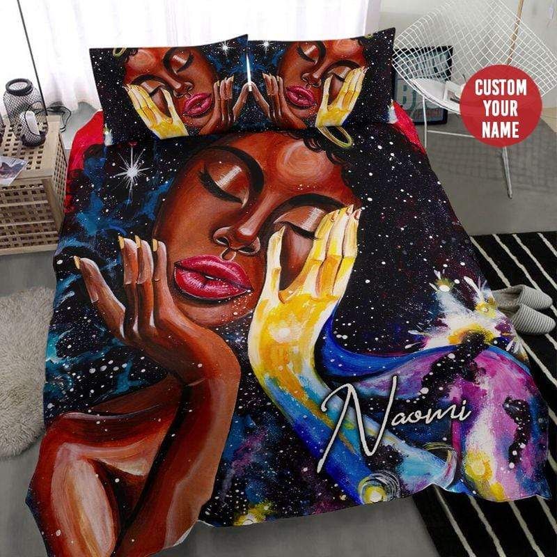 Personalized African American Black Girl Galaxy Feeling Custom Name Duvet Cover Bedding Set