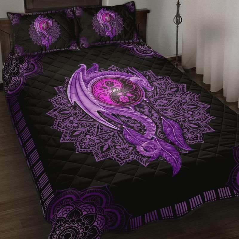 Dragon Ying Yang Purple Mandala Quilt Set