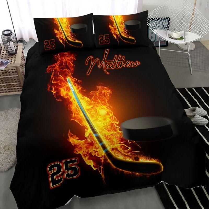 Personalized Burning Hockey Stick Custom Duvet Cover Bedding Set With Your Name And Number