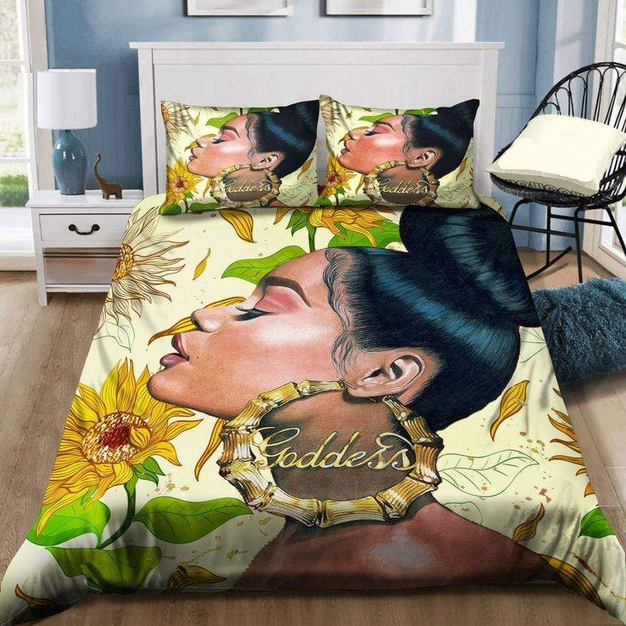 Personalized African American Goddess Black Girl Sunflower Bedding Duvet Cover Bedding Set PAN