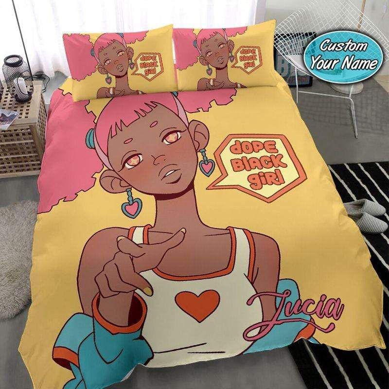 Personalized Dope Black Girl Pink Hair Custom Name Duvet Cover Bedding Set