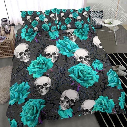 Skull With Blue Rose Duvet Cover Bedding Set