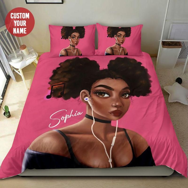 Personalized Music So Cool Black Girl Hot Pink Custom Name Duvet Cover Bedding Set