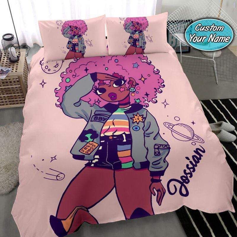 Personalized Galaxy Universe Black Girl Pink Afro Magic Custom Name Duvet Cover Bedding Set