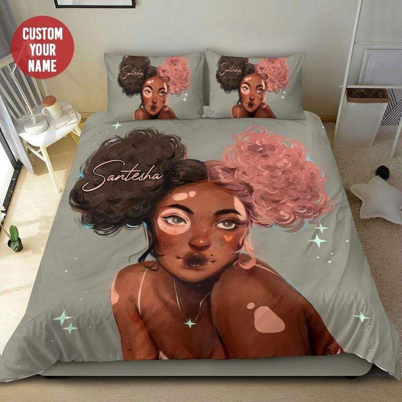 Personalized Afro Girl Black & Pink Hair Custom Name Bedding Set