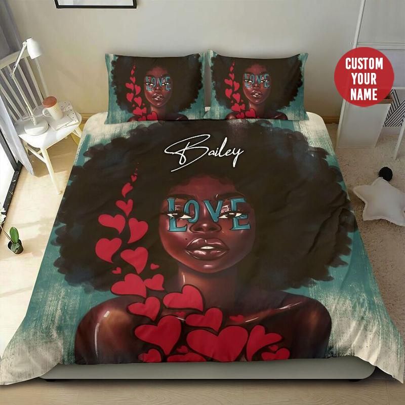 Personalized Black Girl Afro Love Heart Custom Name Duvet Cover Bedding Set
