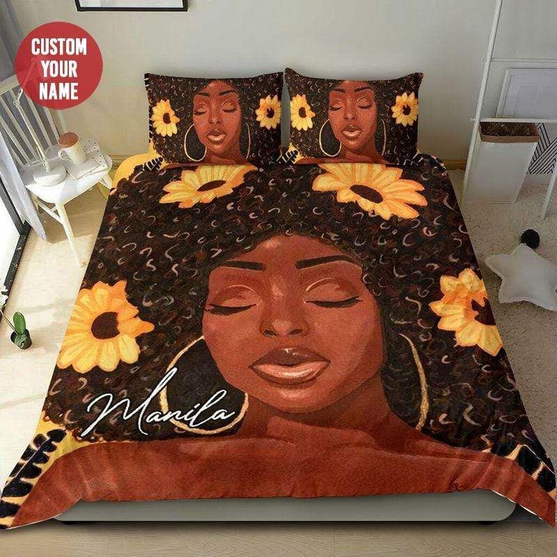 Personalized Black Girl Sunflower On Hair Custom Name Duvet Cover Bedding Set