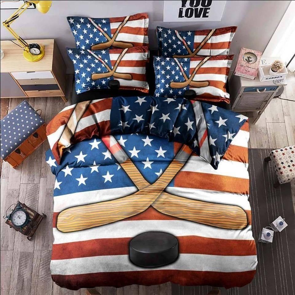 Hockey With American Flag Duvet Cover Bedding Set