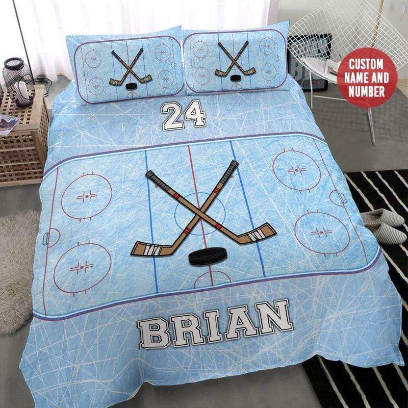 Personalized Ice Hockey Rink With Stick Custom Duvet Cover Bedding Set With Your Name