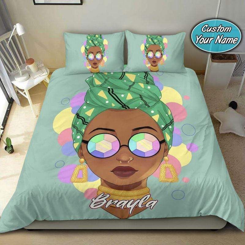 Personalized Colorful Black Girl Head Wrap Custom Name Duvet Cover Bedding Set
