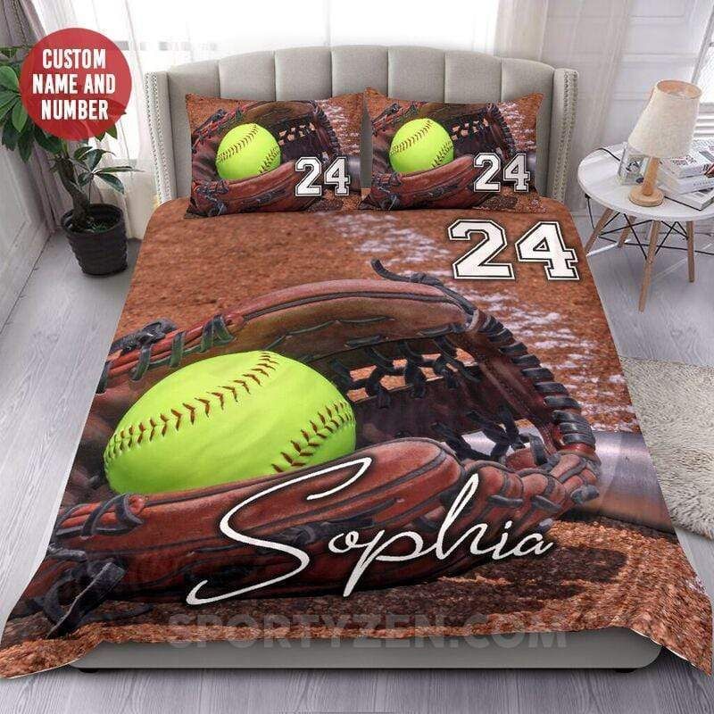 Personalized Softball Custom Duvet Cover Bedding Set Ball And Glove With Your Name