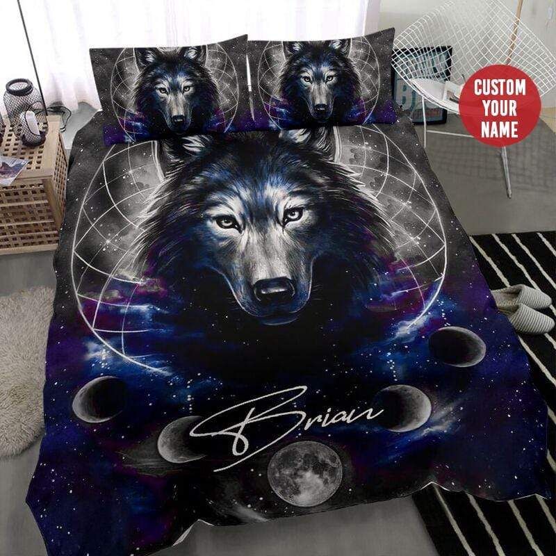 Personalized Wolf Galaxy Earth Custom Duvet Cover Bedding Set With Your Name