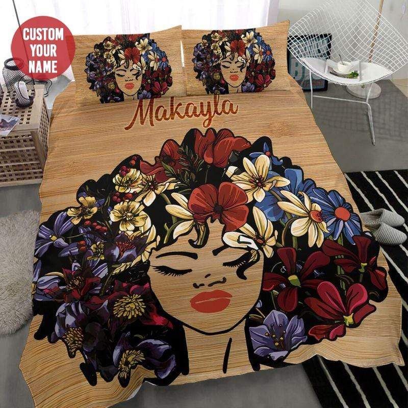 Personalized Black Girl Flowers Pink Custom Name Duvet Cover Bedding Set