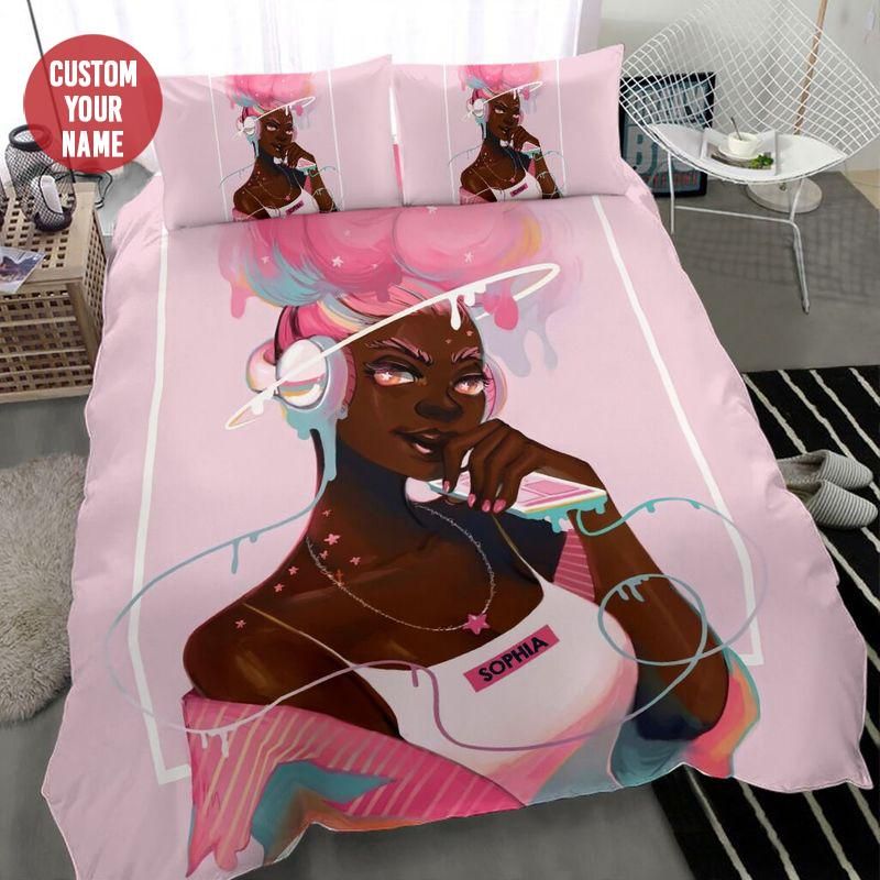 Personalized Black Girl Pink Hair Music So Cool Custom Name Duvet Cover Bedding Set