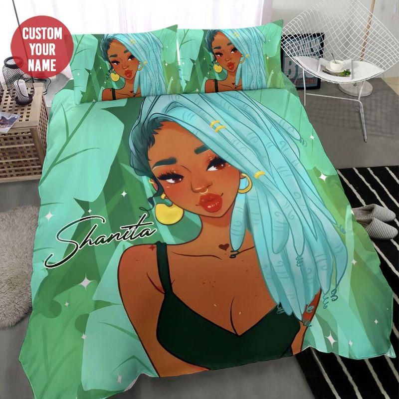 Personalized Black Girl Love Green Hair Custom Name Duvet Cover Bedding Set