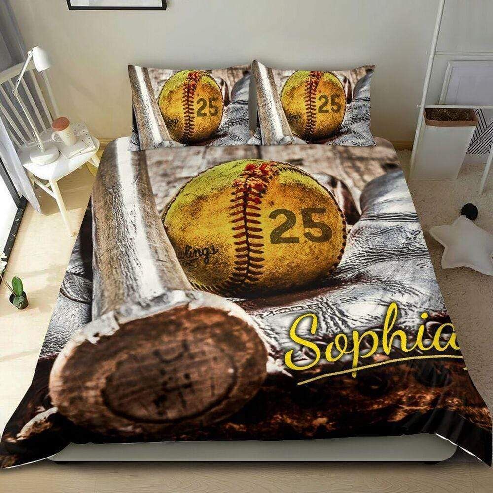 Personalized Softball Custom Duvet Cover Bedding Set Old School With Your Name