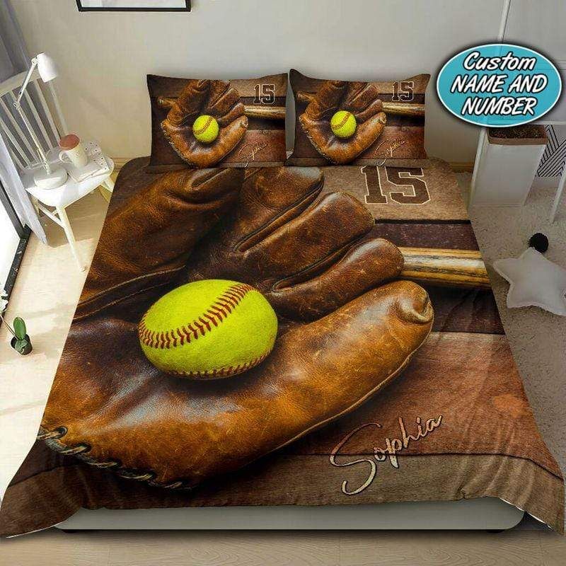 Personalized Wooden Color Softball Glove And Ball Custom Name Duvet Cover Bedding Set