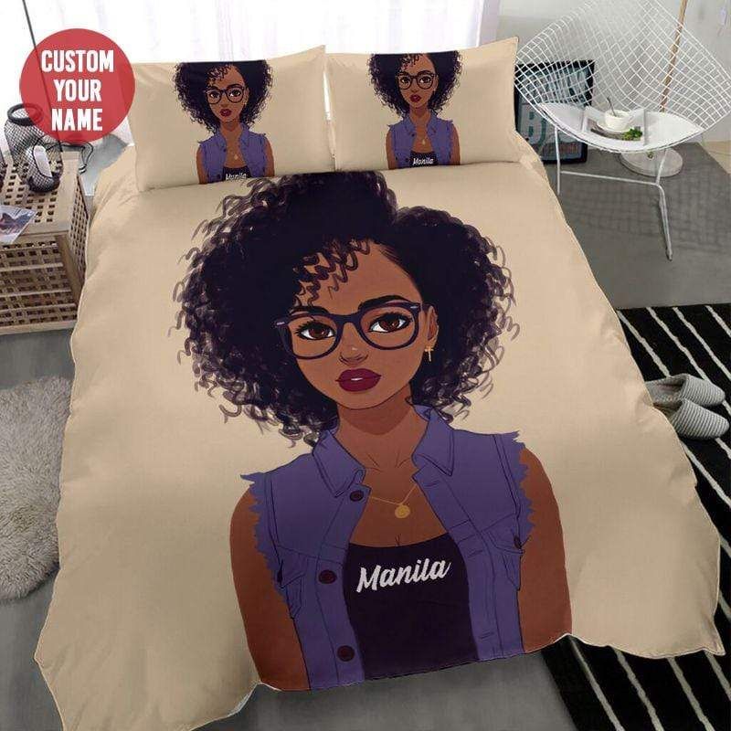 Personalized Black Girl Purple Shirt Custom Name Duvet Cover Bedding Set