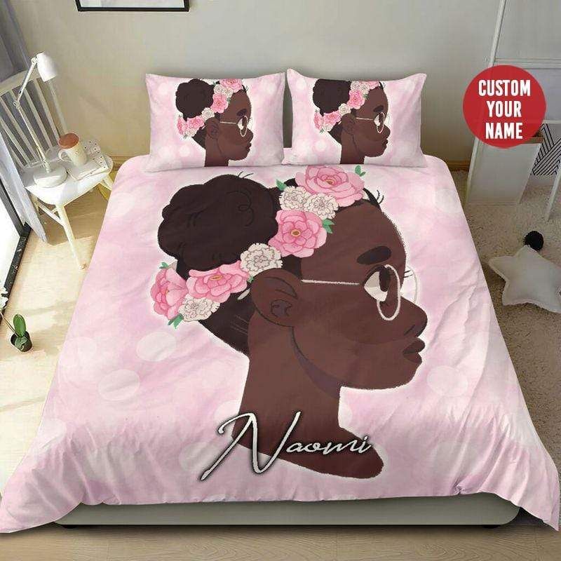 Personalized Black Girl Wreath Flower Custom Name Duvet Cover Bedding Set