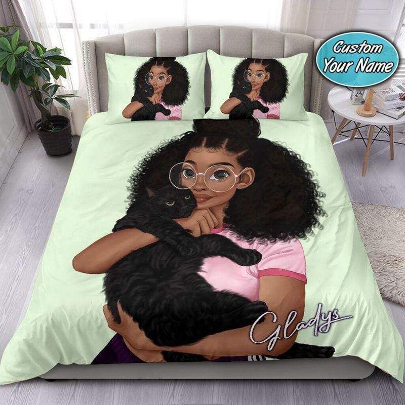Personalized Black Girl Love Cat Custom Name Duvet Cover Bedding Set