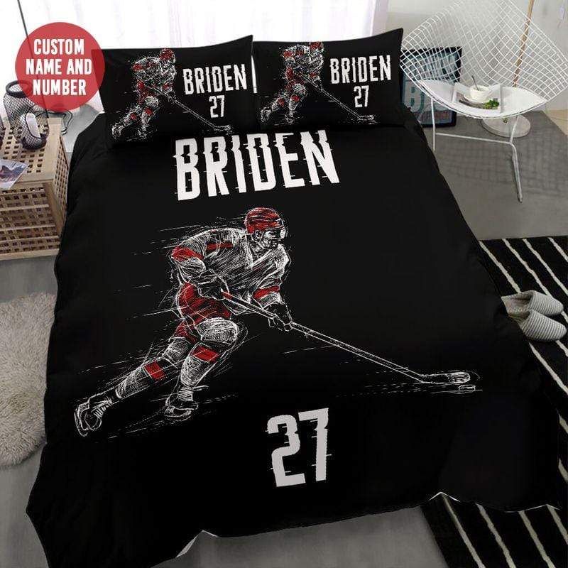 Personalized Hockey Player Black Background Custom Duvet Cover Bedding Set With Your Name