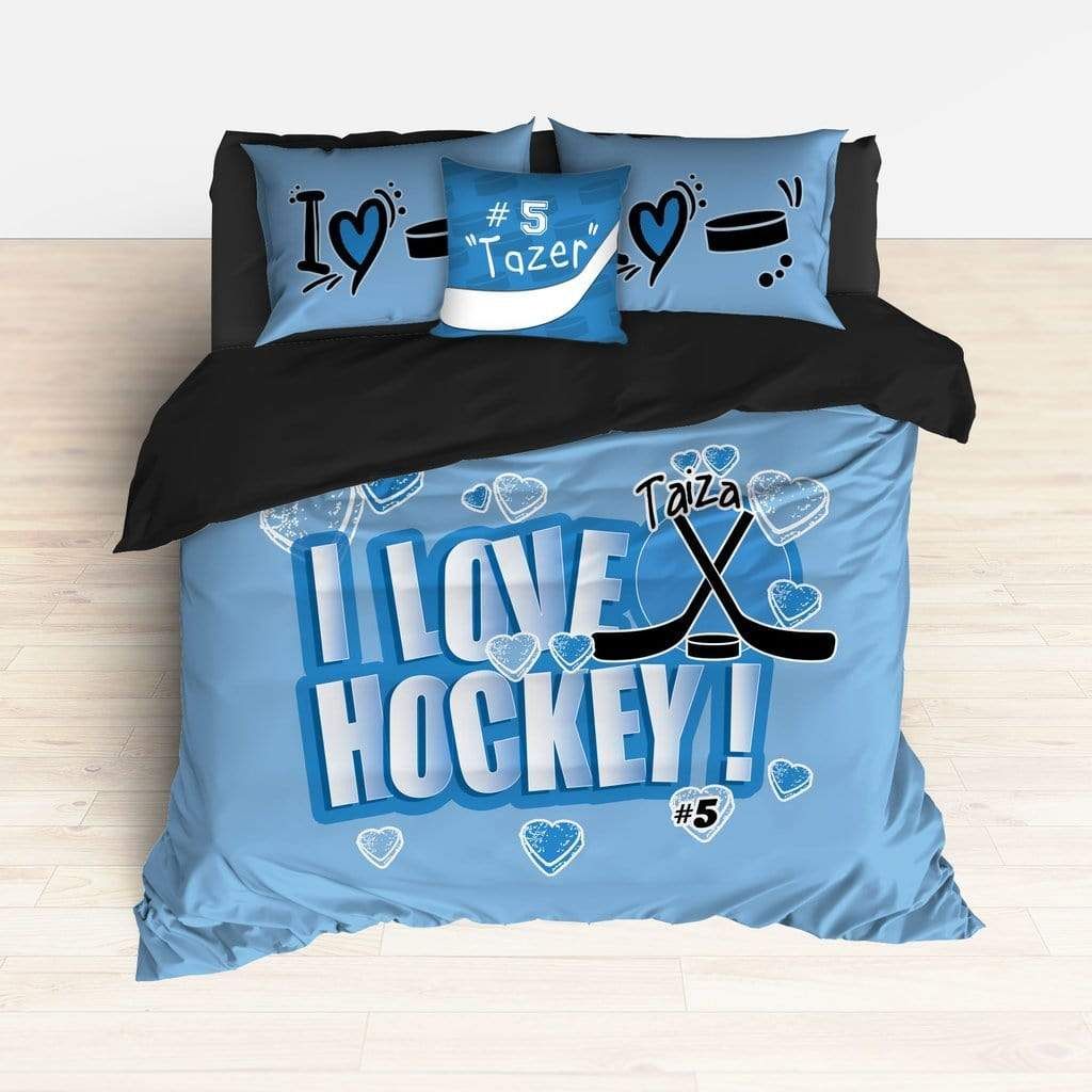 Personalized I Love Hockey Custom Name Duvet Cover Bedding Set