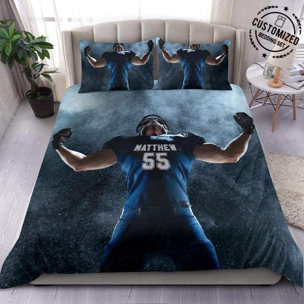 Personalized Enthusiasm Strong Football Player Blue Custom Duvet Cover Bedding Set With Your Name