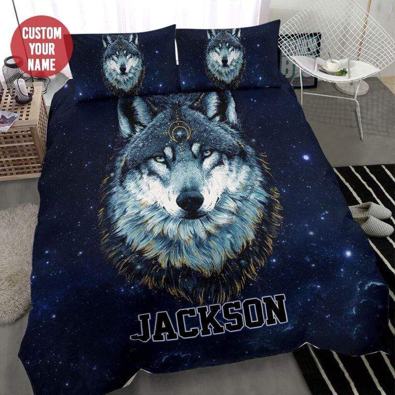 Personalized Galaxy Moon Wolf Theme Custom Duvet Cover Bedding Set With Your Name