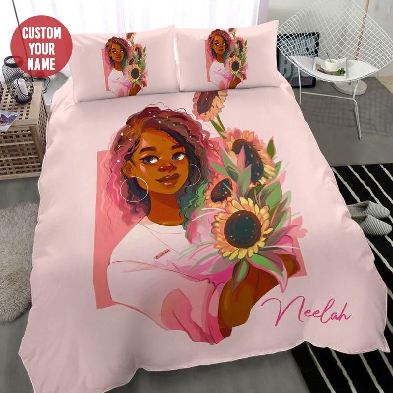 Personalized Black Girl Sunflower Pink Custom Name Duvet Cover Bedding Set