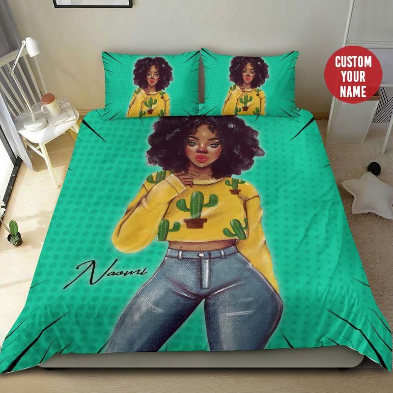 Personalized Black Girl Cactus Custom Name Duvet Cover Bedding Set