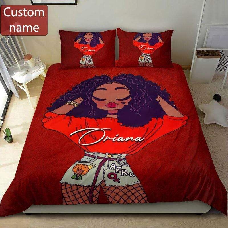 Personalized Black Girl Red Custom Name Duvet Cover Bedding Set