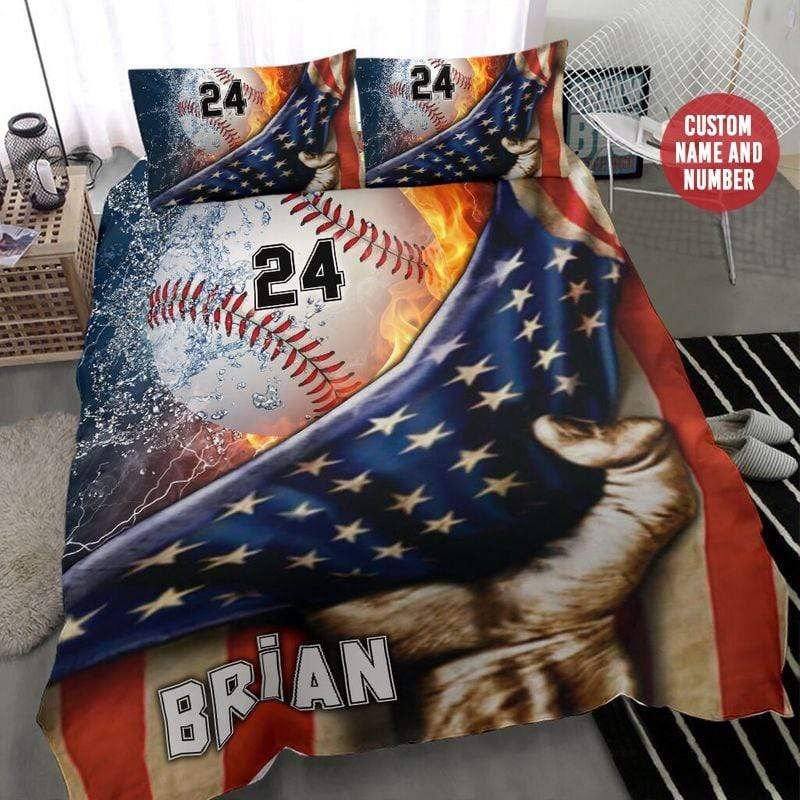 Personalized Baseball American Flag Thunder Fire And Water Custom Name Duvet Cover Bedding Set