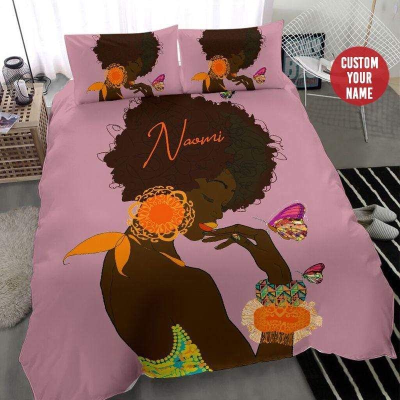 Personalized Black Girl Afro Colorful Lips Butterfly Custom Name Duvet Cover Bedding Set
