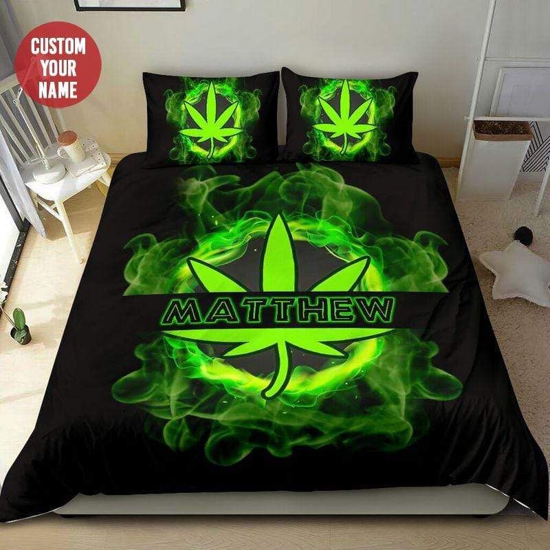 Personalized Green Smoke Weed Custom Name Duvet Cover Bedding Set