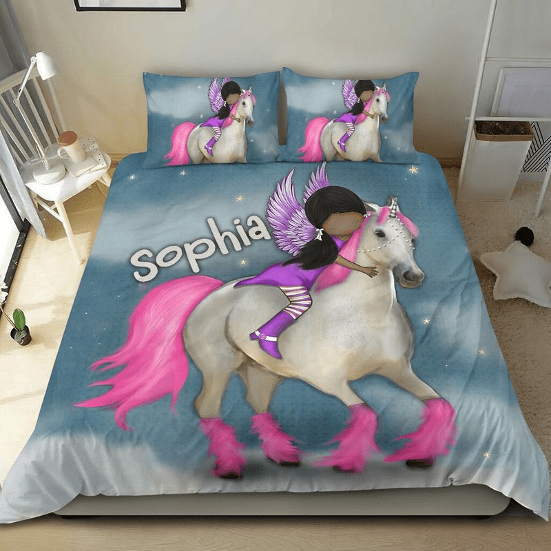 Personalized Black Baby Girl Unicorn Custom Name Duvet Cover Bedding Set