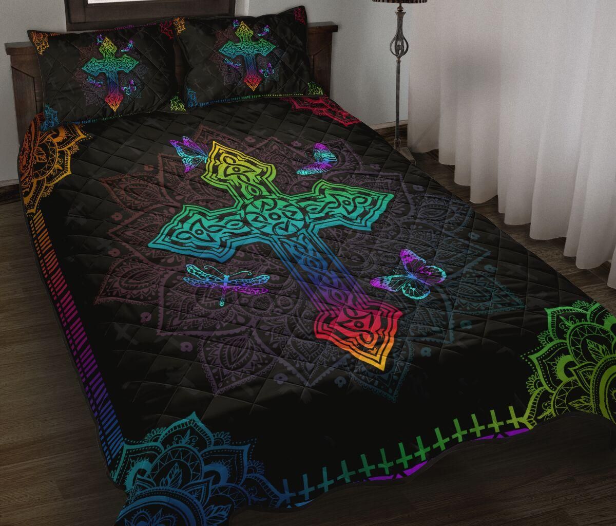 Colorful Cross Dragonfly And Butterfly Bohemian Quilt Set