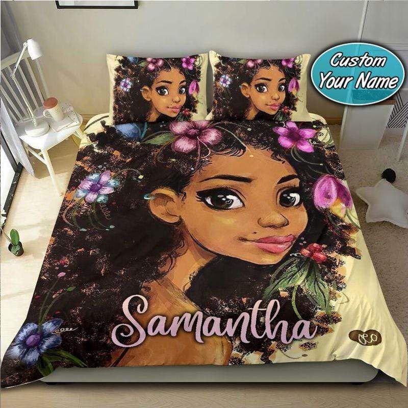 Personalized Cutest Black Girl African With Flower On Hair Custom Name Duvet Cover Bedding Set