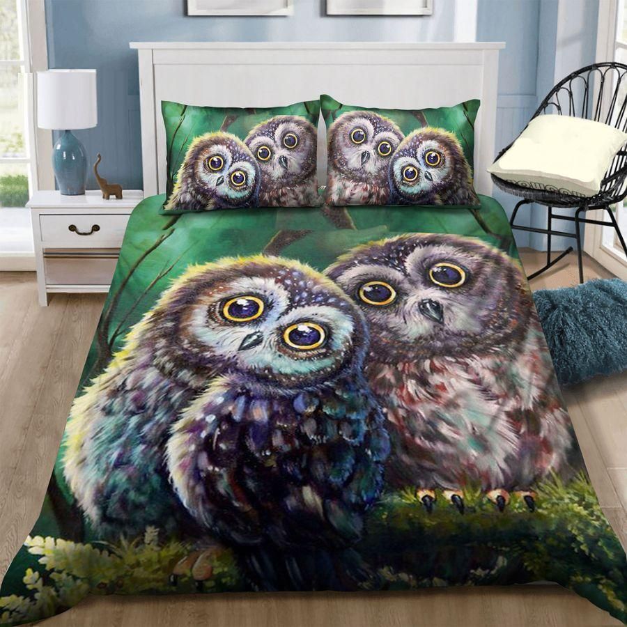 Owl Love Green Background Duvet Cover Bedding Set