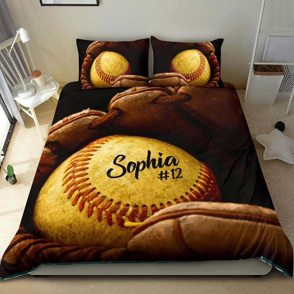 Personalized Softball Custom Duvet Cover Bedding Set Glove With Your Name