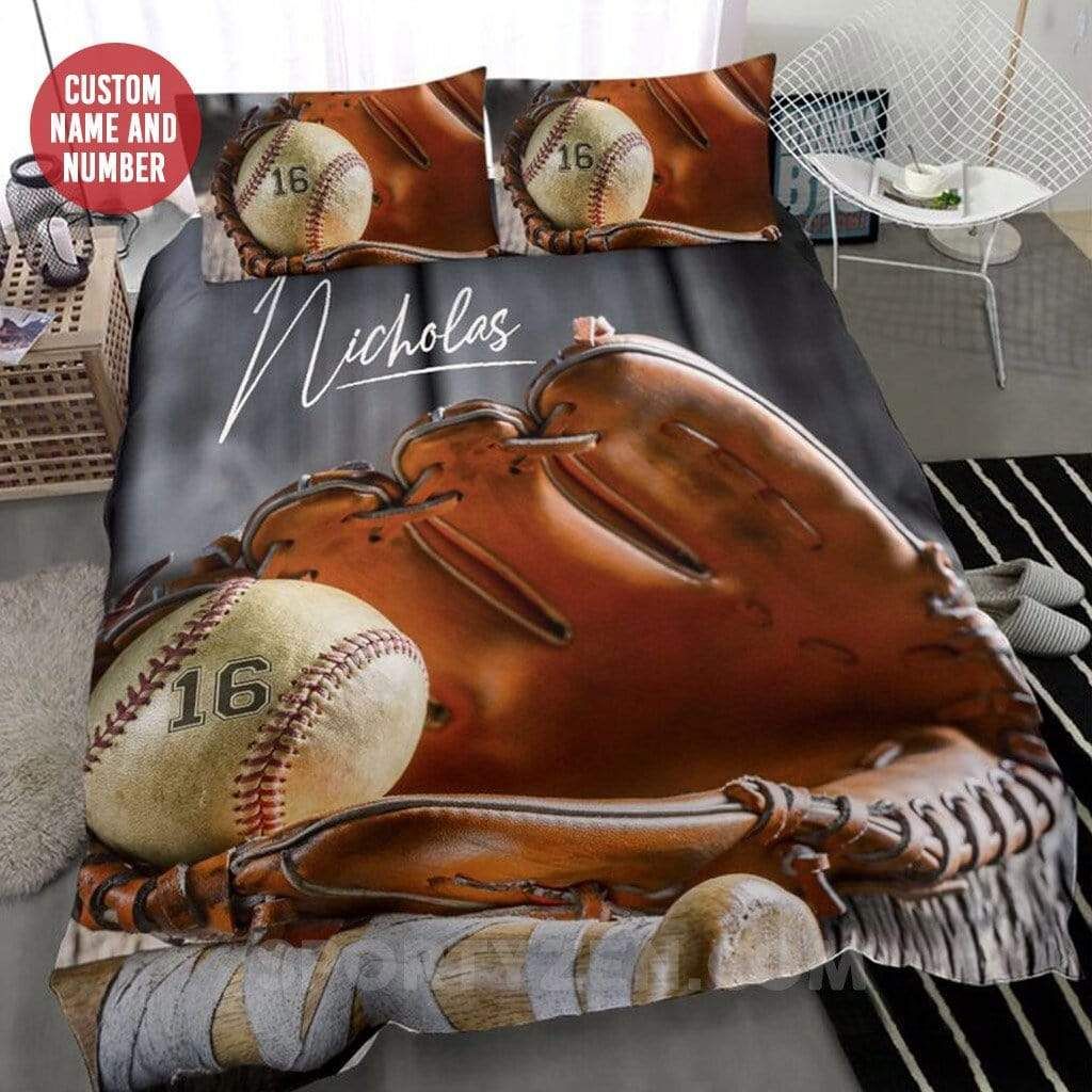 Personalized Baseball Glove And Ball Custom Duvet Cover Bedding Set With Your Name