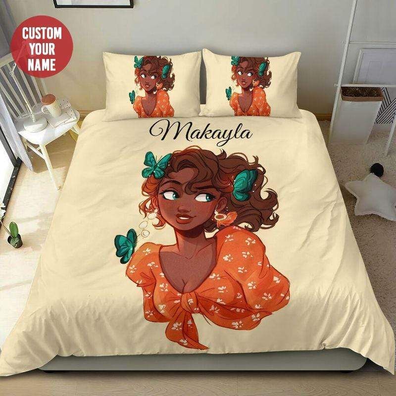 Personalized Butterfly Cute Black Girl Custom Name Duvet Cover Bedding Set