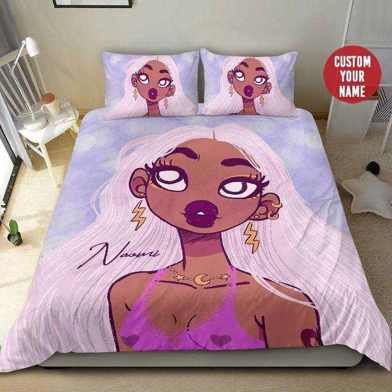 Personalized Black Girl Cartoon Love Storm, Star And Moon Custom Name Duvet Cover Bedding Set